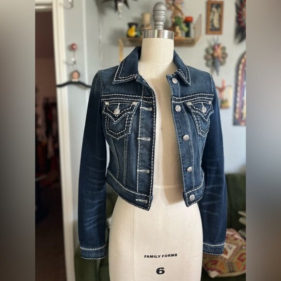 Miss Me Dark Blue Denim Jacket with White Stitching - Picture 1 of 6